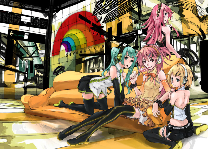 Four Anime Girls on Couch — Yellow