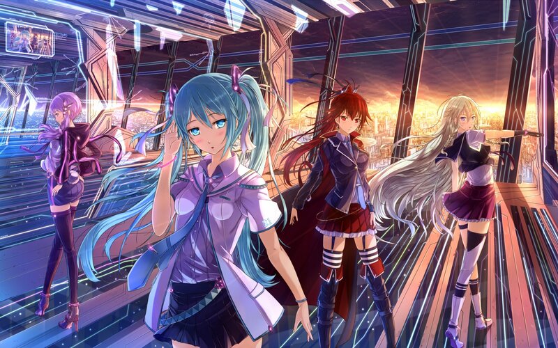 Four Anime Girls on Platform — Blue, Dramatic
