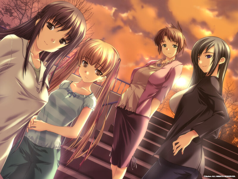 Four Anime Girls on Stairs — Orange, Dramatic