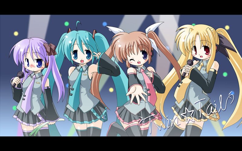 Four anime girls performing on stage
