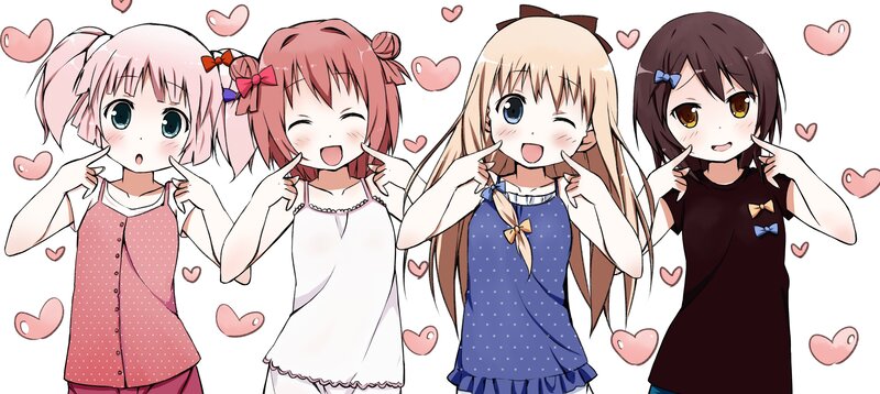 Four Anime Girls — Pink, Cheerful, Hearts, Pigtails