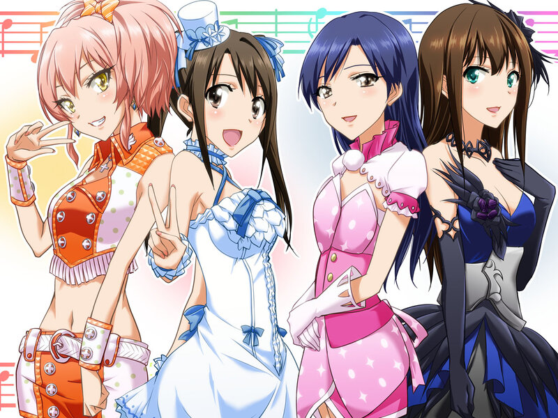 Four Anime Girls — Pink, Cheerful, Music Notes