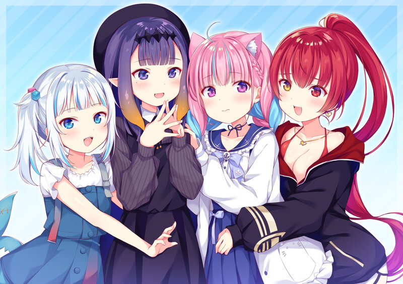 Four Anime Girls Posing — Blue, Cheerful