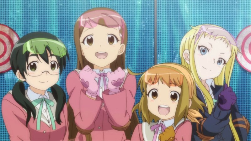 Four Anime Girls Posing — Pink, Cheerful, School Uniforms