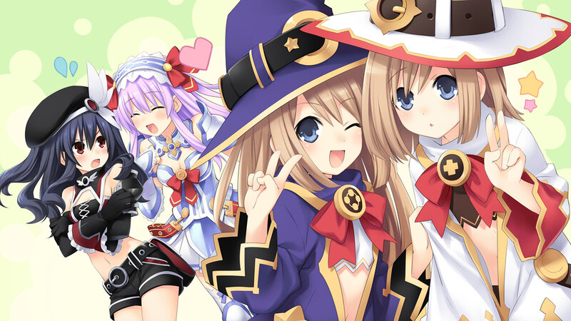 Four Anime Girls Posing — Purple, Cheerful