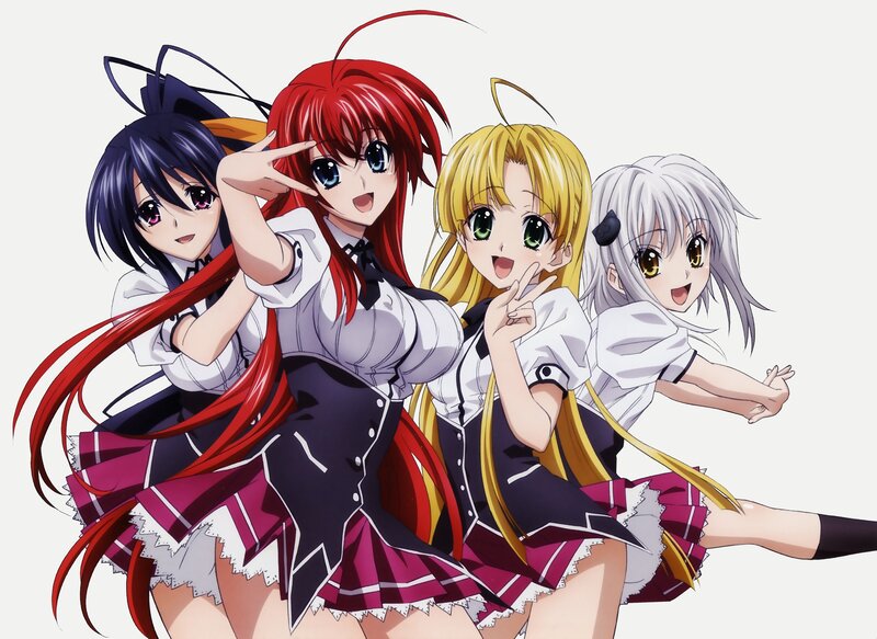 Four Anime Girls Posing — Red, Cheerful