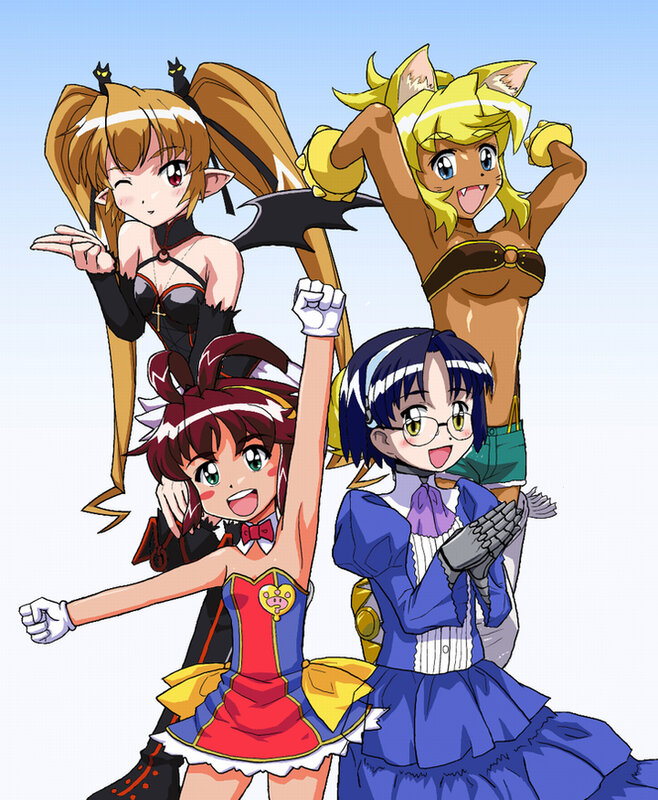 four anime girls posing together