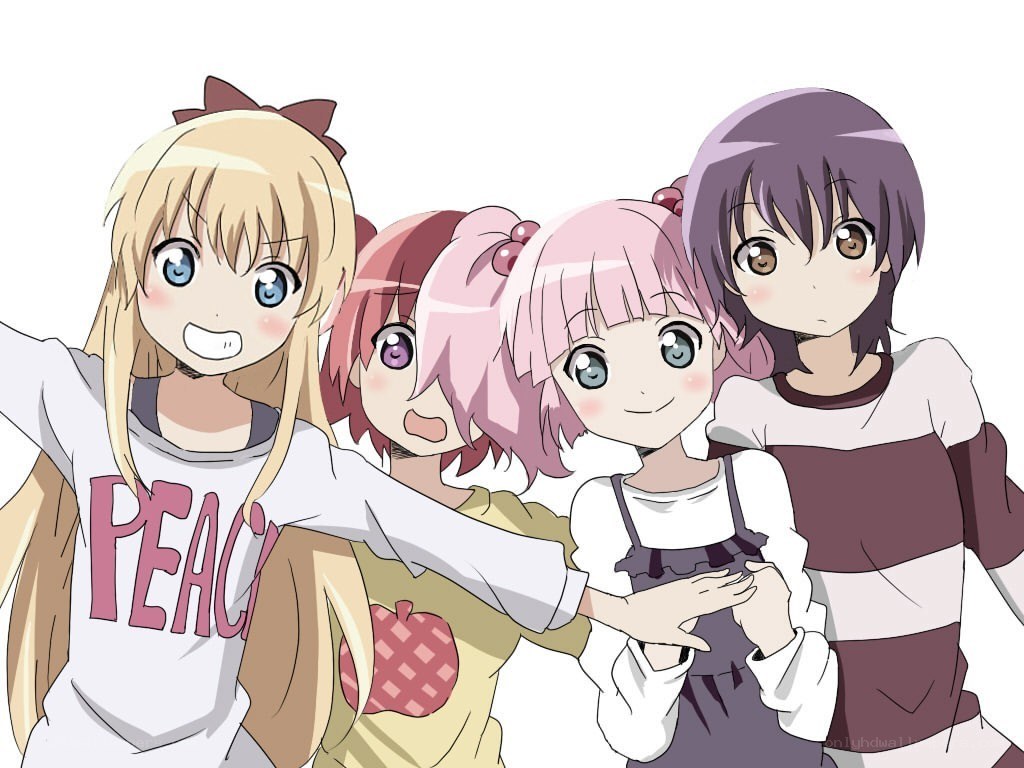 four anime girls posing together