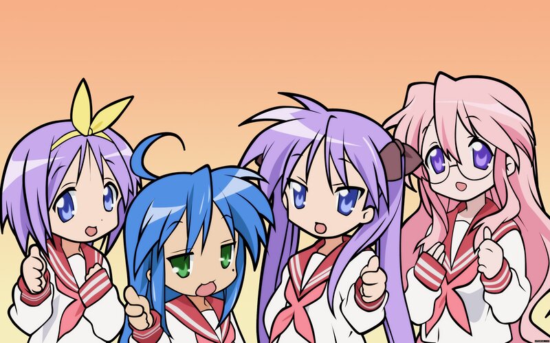 Four Anime Girls — Purple, Cheerful, Sunset, School Uniforms