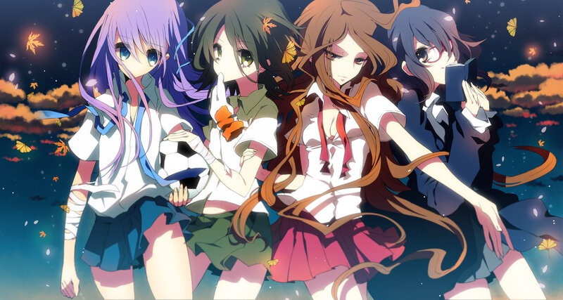 Four Anime Girls — Purple, Dramatic, Night, Fallen Leaves