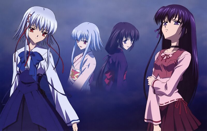 Four Anime Girls — Purple, Dramatic, Night, School Uniform