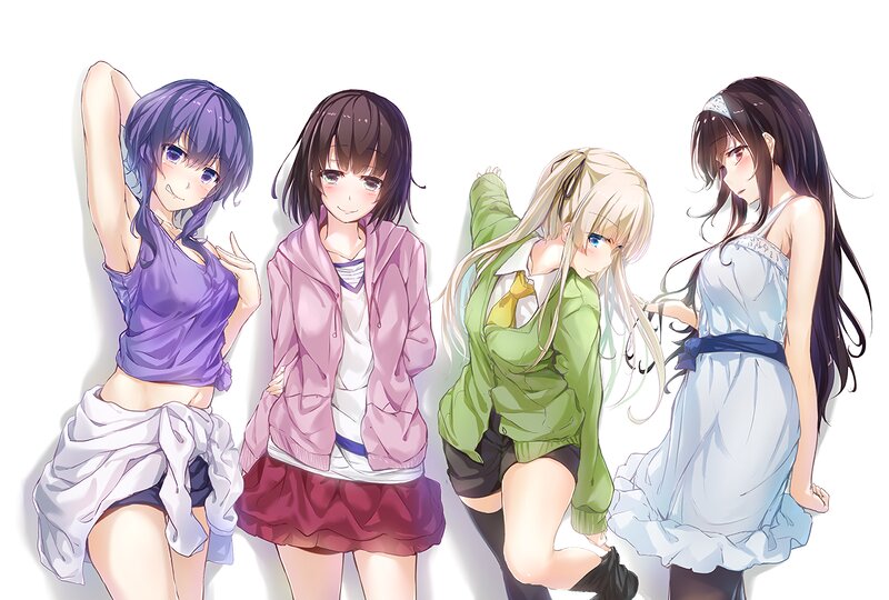 Four Anime Girls — Purple, Playful, Clothing