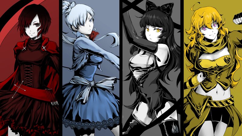 Four Anime Girls — Red, Dramatic, Red Cloak