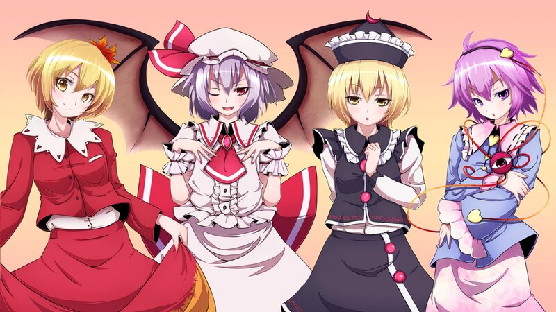 Four Anime Girls — Red, Playful, Wings, Maid Outfits