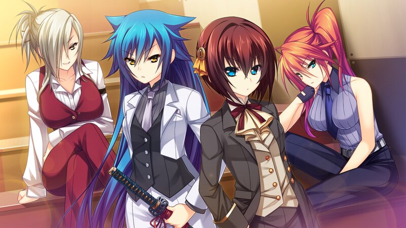 Four Anime Girls Sitting — Blue, Dramatic