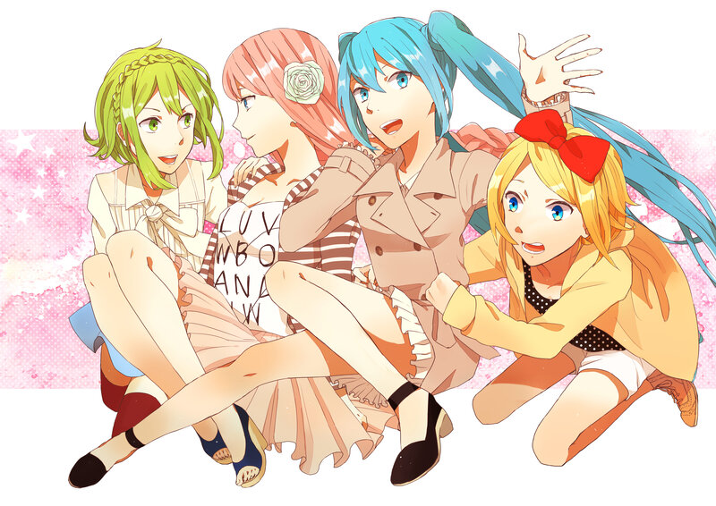 Four Anime Girls Sitting — Blue, Playful