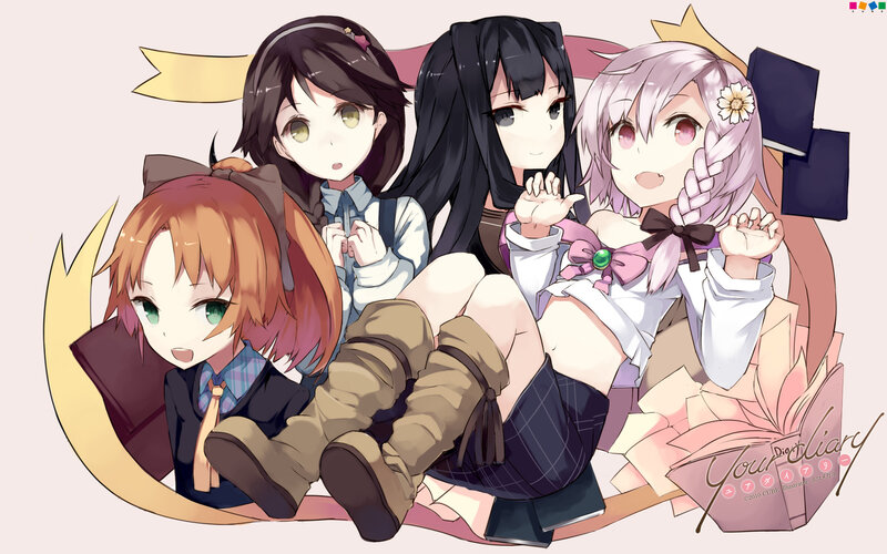 Four Anime Girls Sitting — Pink, Playful, Digital Art