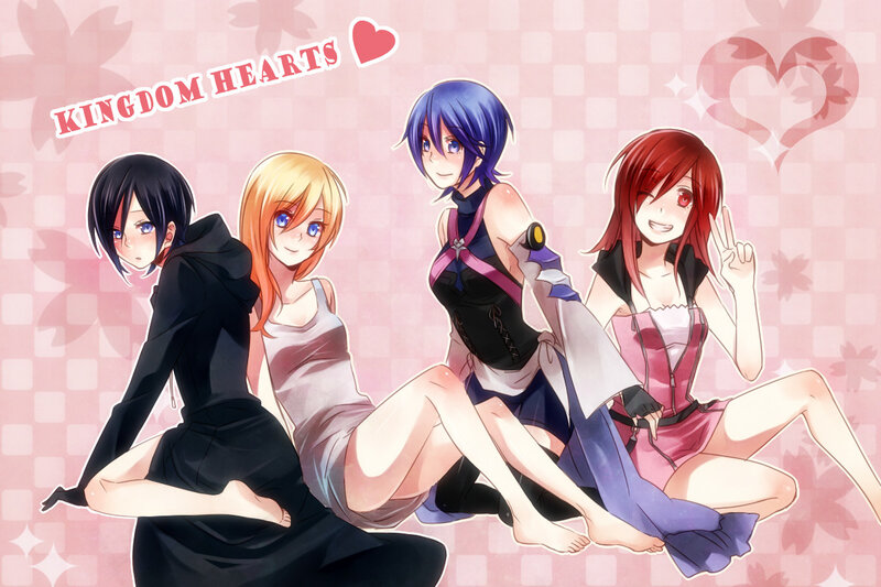Four Anime Girls Sitting — Pink, Playful, Hearts