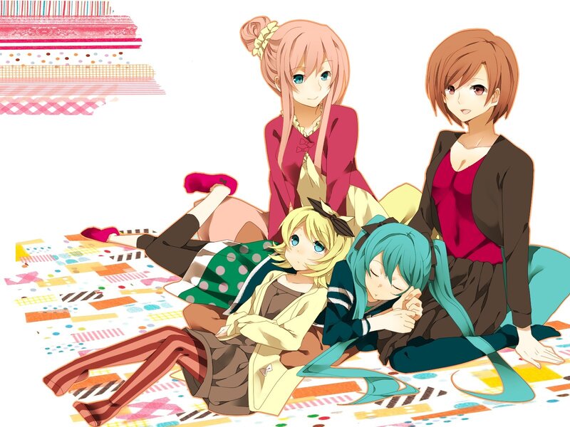 Four Anime Girls Sitting — Pink