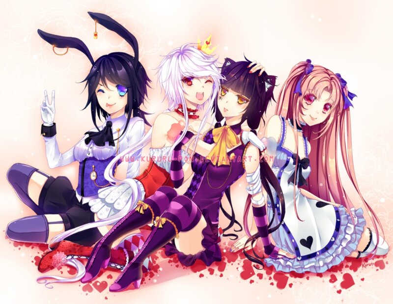 Four Anime Girls Sitting — Purple, Playful