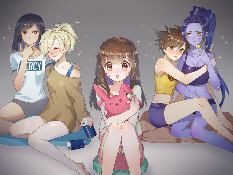 Four Anime Girls Sitting — Purple, Relaxed