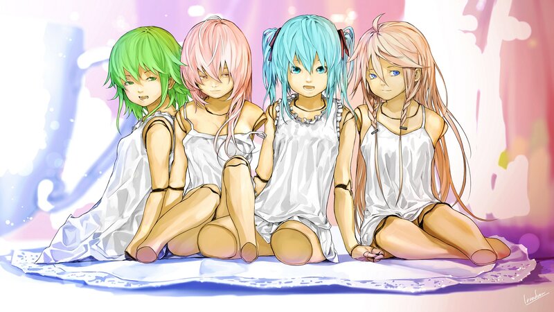 Four Anime Girls Sitting — White, Calm