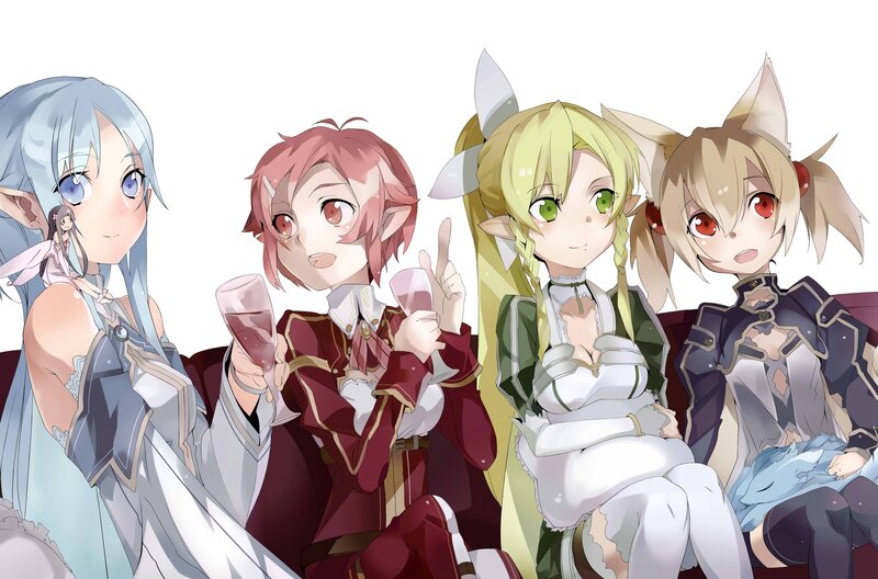 Four Anime Girls Sitting — White, Relaxed, Champagne Glasses