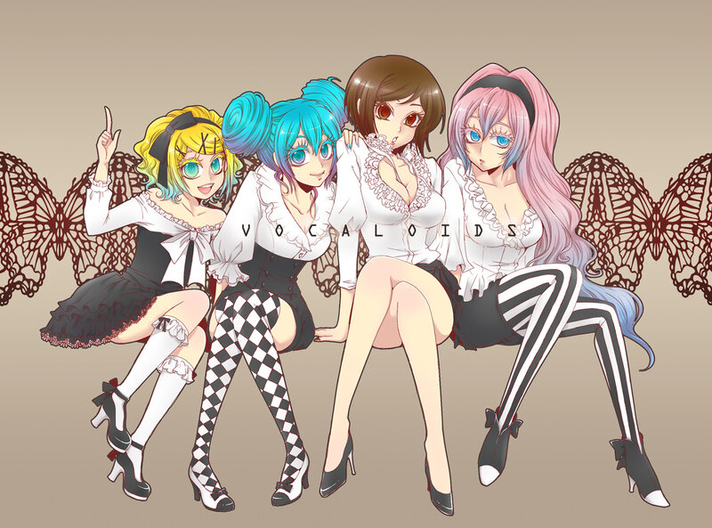 Four Anime Girls Sitting — White