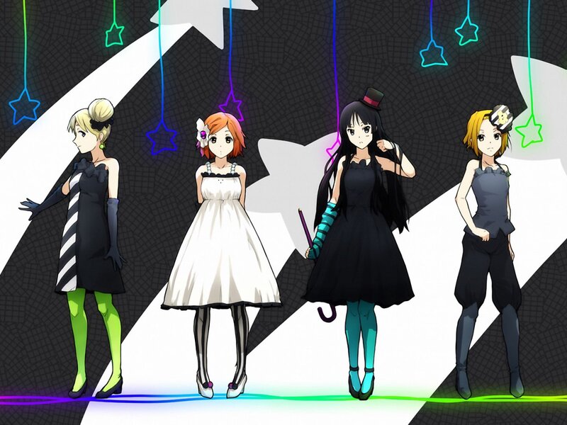 Four Anime Girls Standing — Black, Playful
