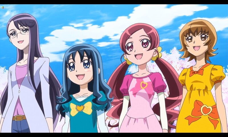Four Anime Girls Standing — Blue, Cheerful