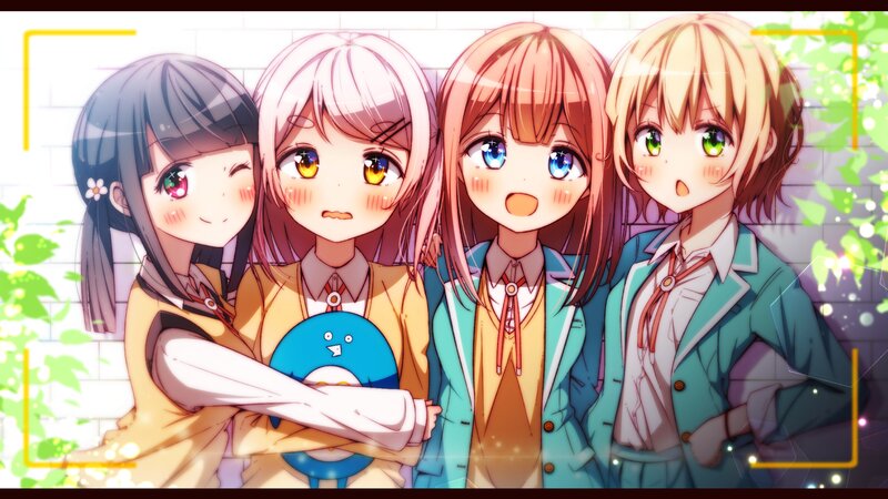 Four Anime Girls Together — Blue, Cheerful, Afternoon, School Uniforms