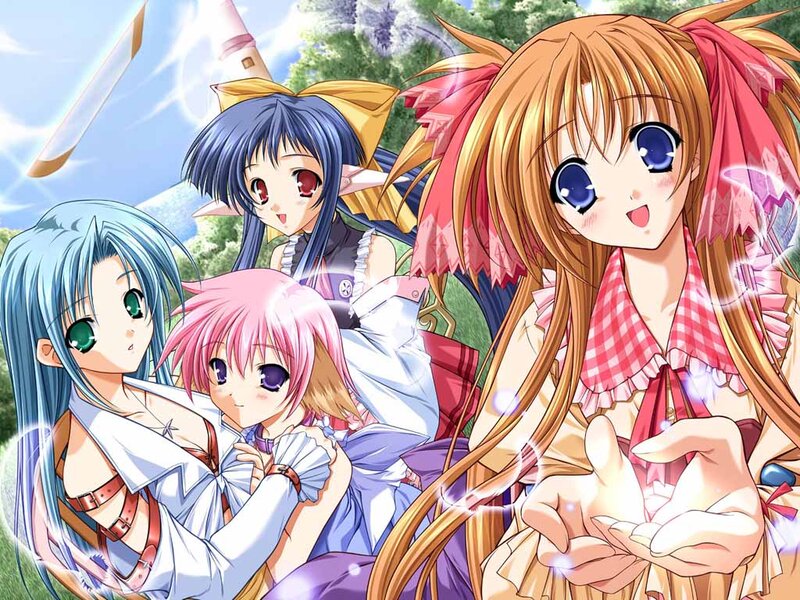 Four Anime Girls Together — Blue, Cheerful