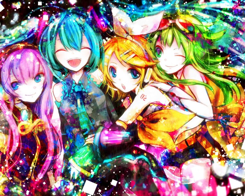 Four Anime Girls Together — Blue, Vibrant, Energetic