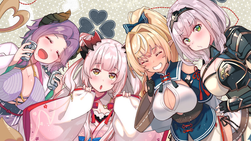 Four Anime Girls Together — Pink, Cheerful, Hearts, Cans