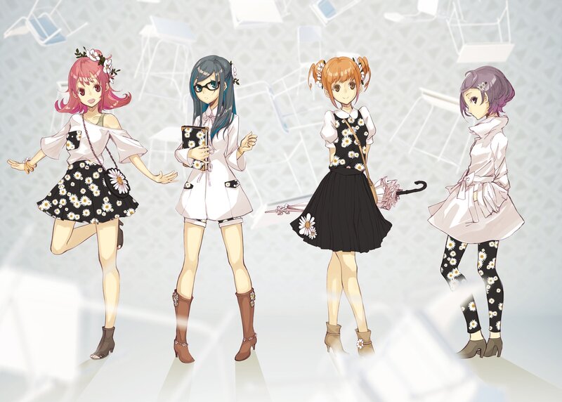 Four Anime Girls — White, Playful, Flowers