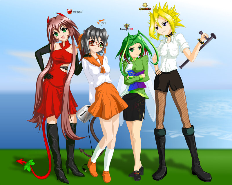 Four anime girls with BSD mascots