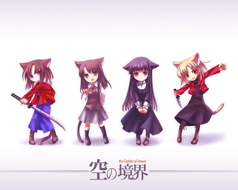 Four Anime Girls with Cat Ears — Purple, Playful