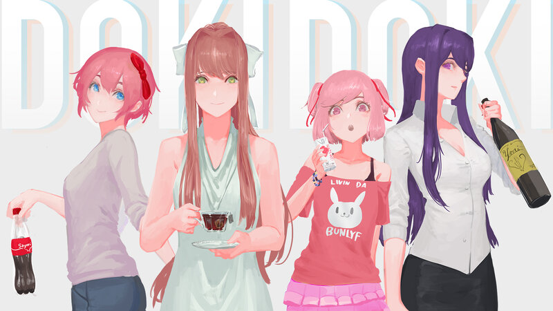 Four Anime Girls with Drinks
