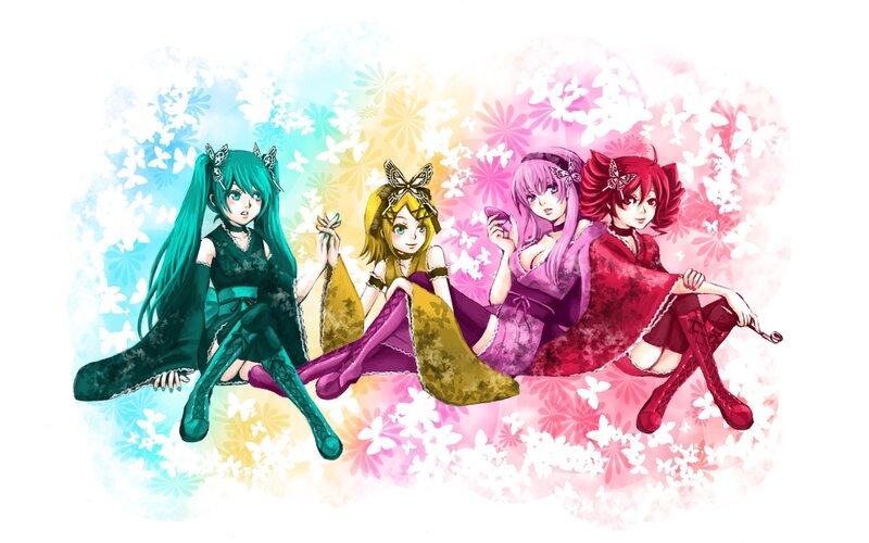 four anime girls with flowers