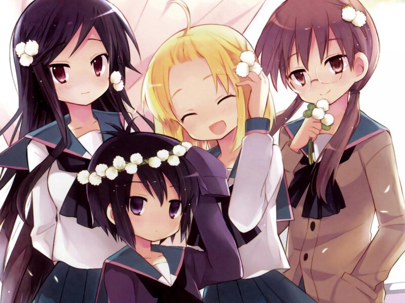 Four Anime Girls with Flowers — Purple