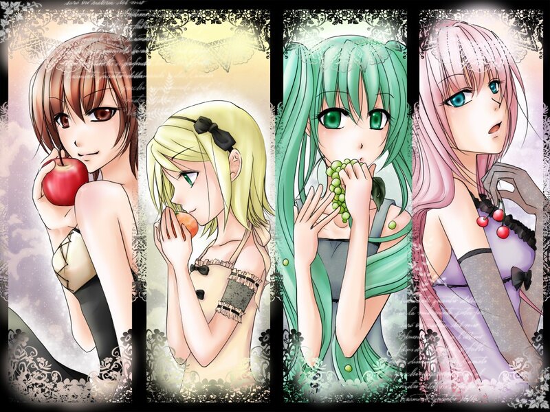 Four anime girls with fruits