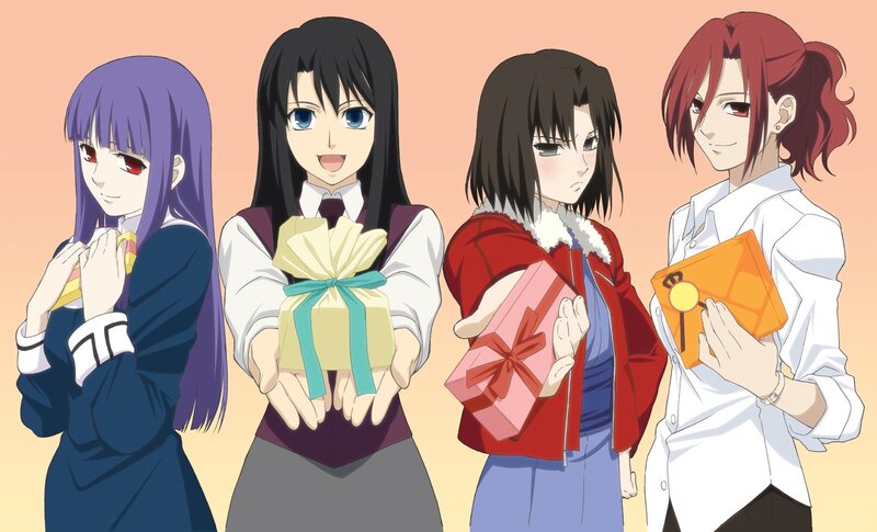 four anime girls with gifts