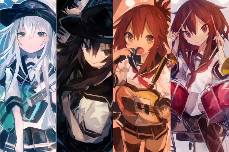 Four Anime Girls with Instruments — White