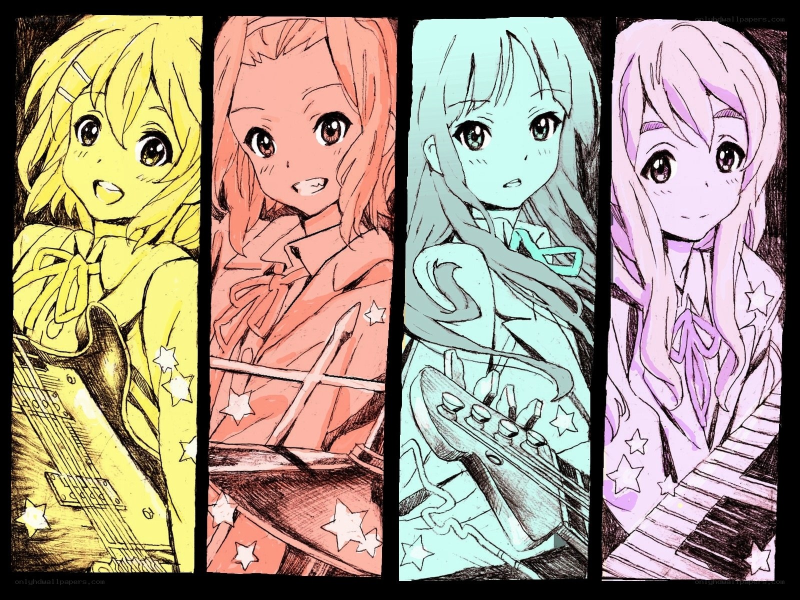 Four anime girls with instruments
