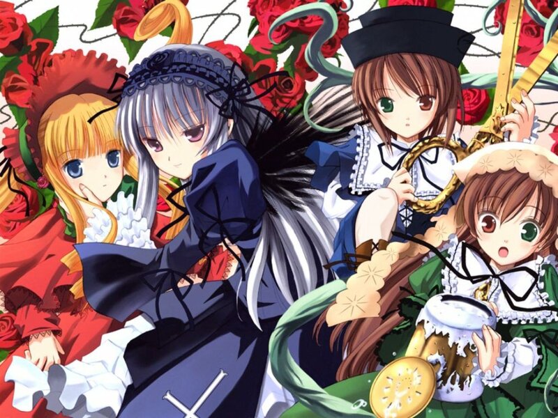 Four Anime Girls with Roses — Red, Festive
