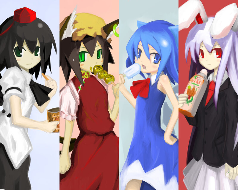 Four anime girls with snacks