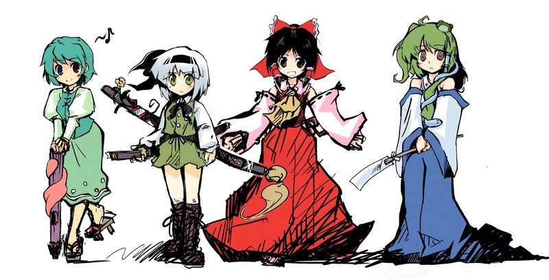 Four anime girls with weapons