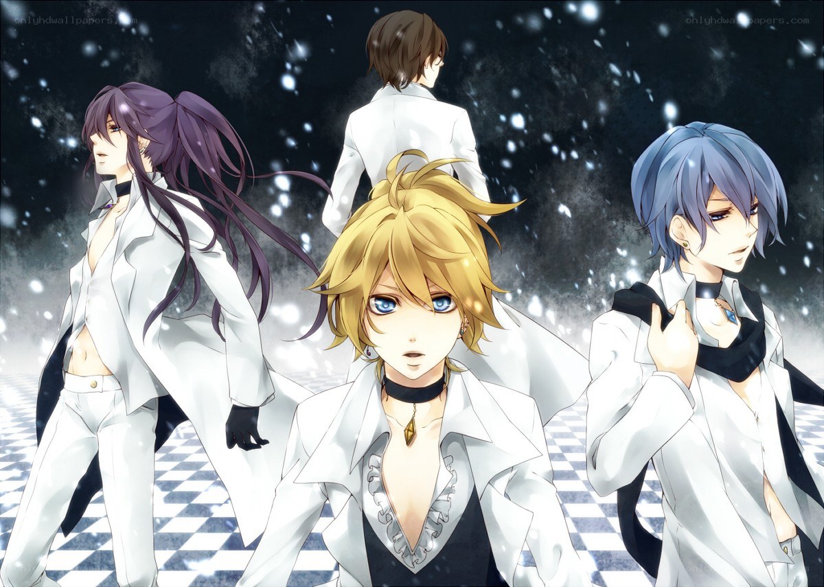 Four anime men in white suits