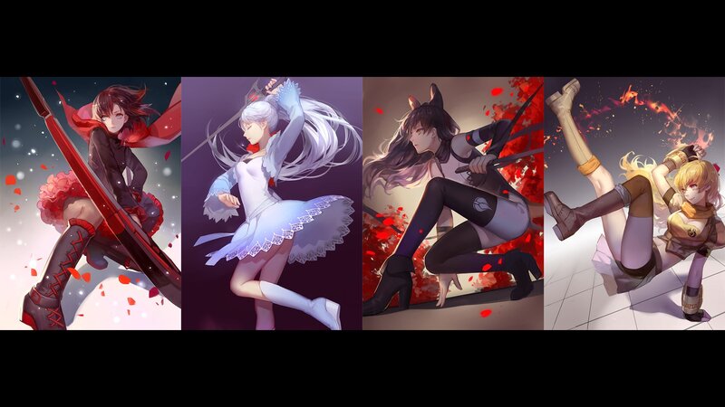 Four anime-style female warriors