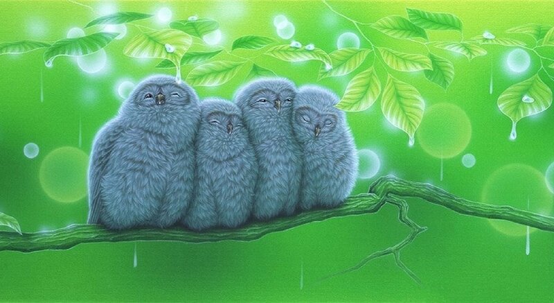 Four Baby Owls on Branch